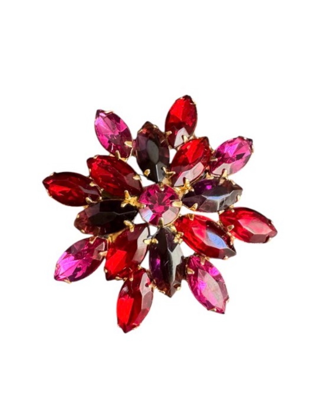 Juliana Ruby Red Rhinestone Brooch Dimensional Layered Starburst Large Pink Pin